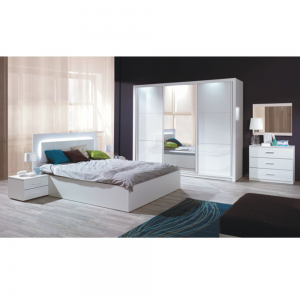 Spálňový komplet (skriňa+posteľ 160x200+2x nočný stolík), biela/vysoký biely lesk HG, ASIENA